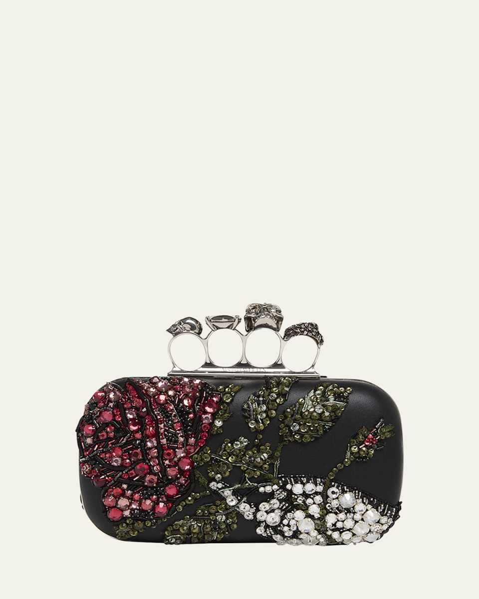 Bead & Crystal Flower Skull Four Ring Clutch Bag